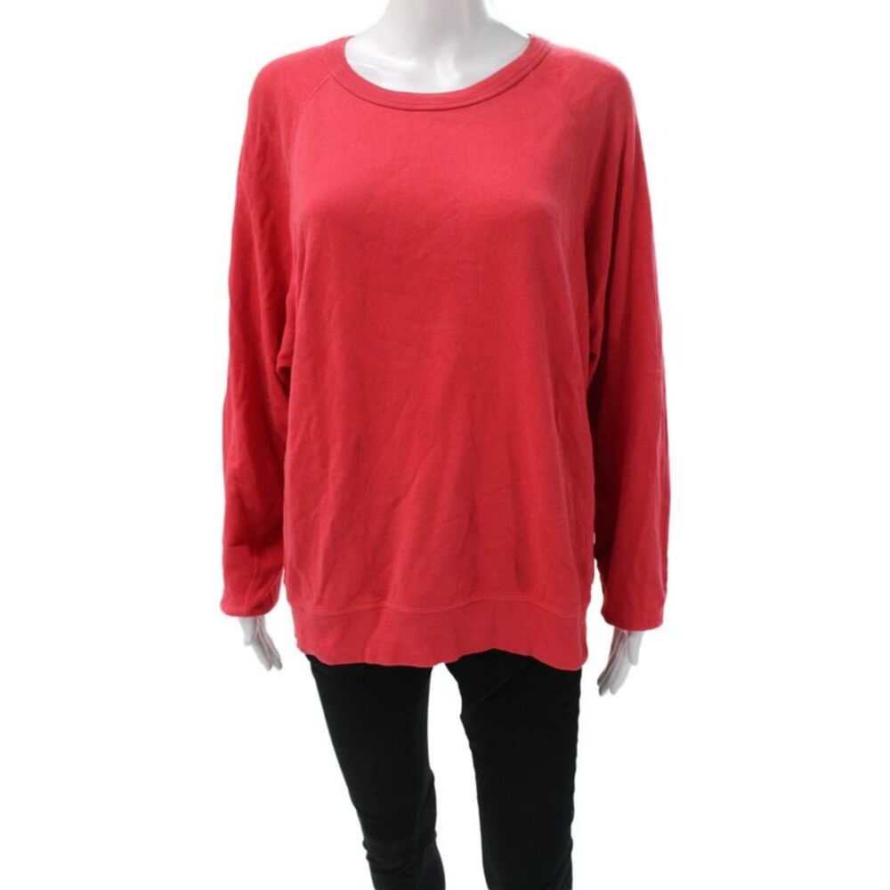Leallo Women Red Cotton Pullover Sweatshirt Round Neck Long Sleeve Size L